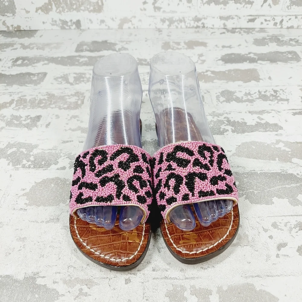 NEW Sam Edelman Gunner Pink Black Leopard Print Summer Slide Sandals D125